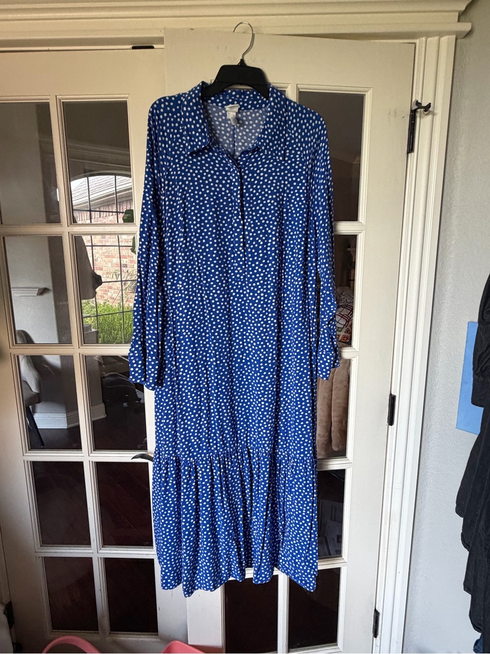 H&M Blue White Polka Dot Tiered Maxi Shirt Dress XXL